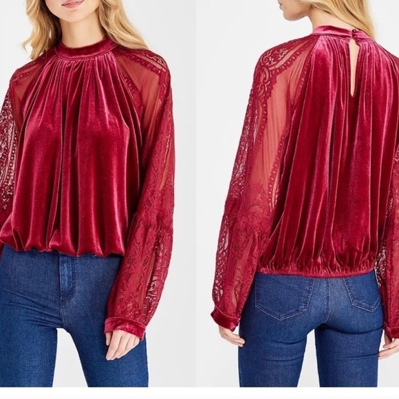 Free People Velvet High Neck Lace Blouse RTM - Picture 1 of 8